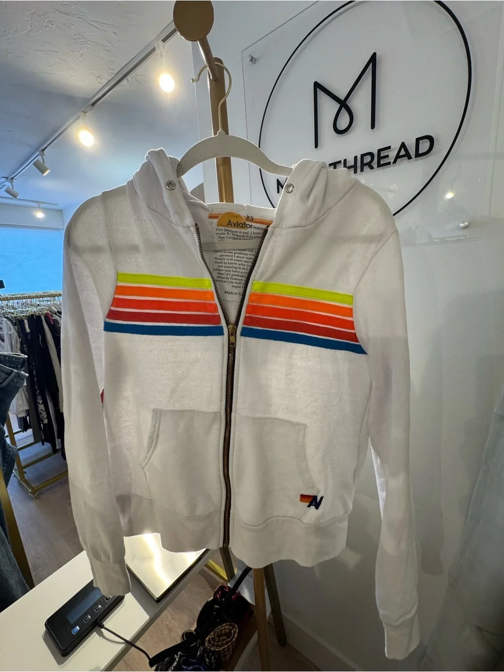 Aviator Nation White Hoodie with Rainbow Stripe Accents Size XS Fair Condition - Picture 4 of 9